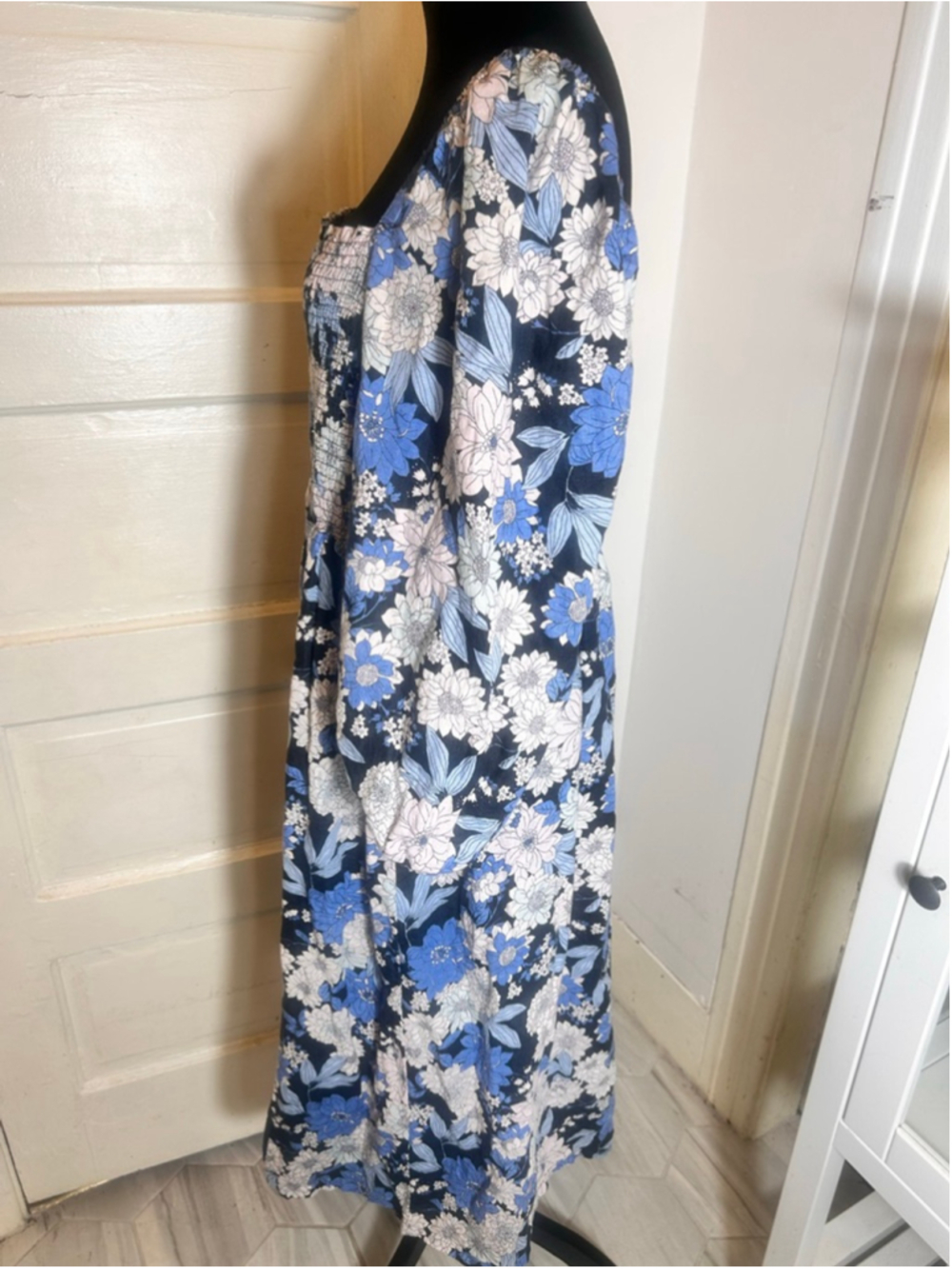 Women's J.Crew Linen Floral Midi Ruched Dress XXL Cottage Core Farmhouse Sumner - Picture 6 of 11